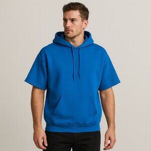 Gildan Pull Over Hoodie Sweatshirt Short Sleeve Large Blue Kangaroo Pocket